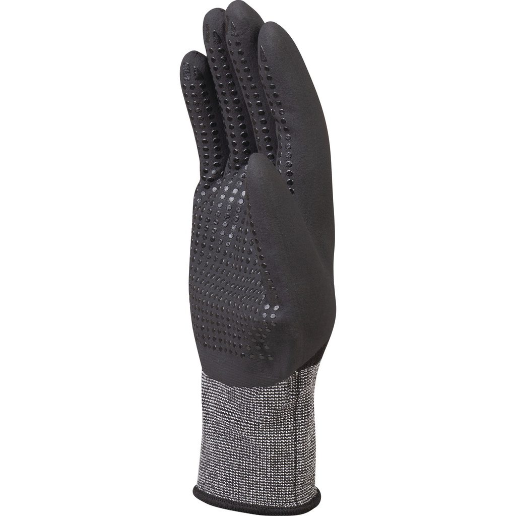 VE725NO POLYESTER/SPANDEX KNITTED GLOVE - NITRILE COATING ON PALM FINGERS AND HALF BACK+DOTS - GAUGE 15 